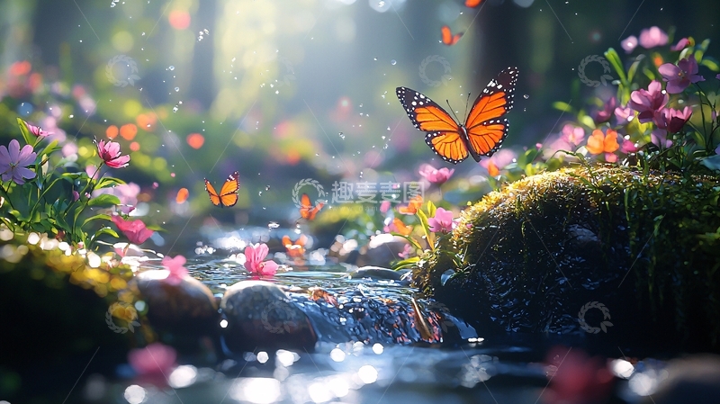 高清大图下载【趣麦麦图】梦幻森林溪流蝴蝶
