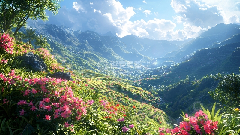 高清大图下载【趣麦麦图】阳光明媚的山谷花海