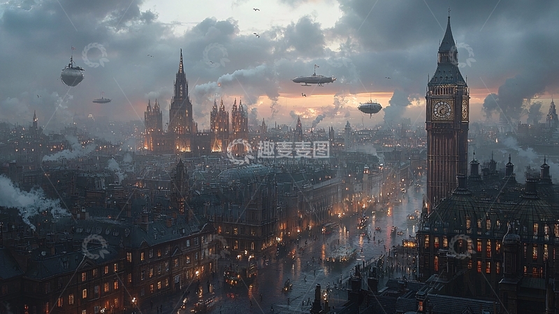 高清大图下载【趣麦麦图】蒸汽朋克伦敦夜景