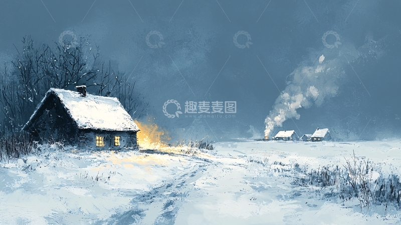高清大图下载【趣麦麦图】冬夜雪景小屋