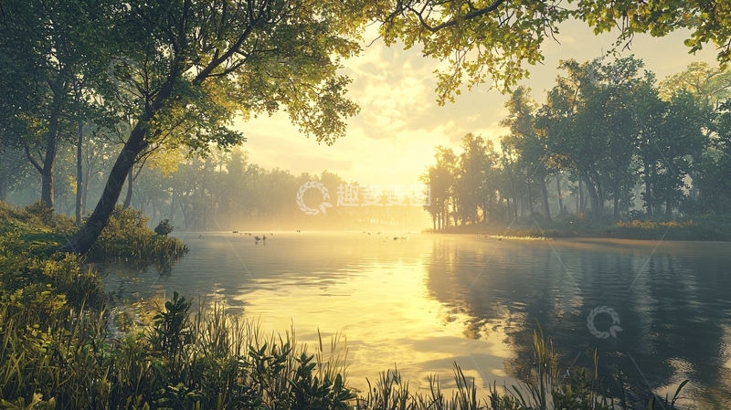 高清大图下载【趣麦麦图】清晨湖边树林阳光
