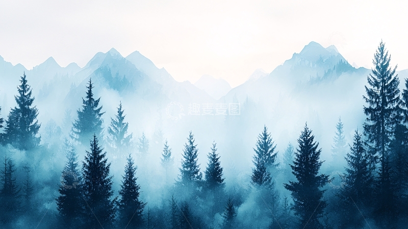 高清大图下载【趣麦麦图】雾气笼罩的针叶林山脉