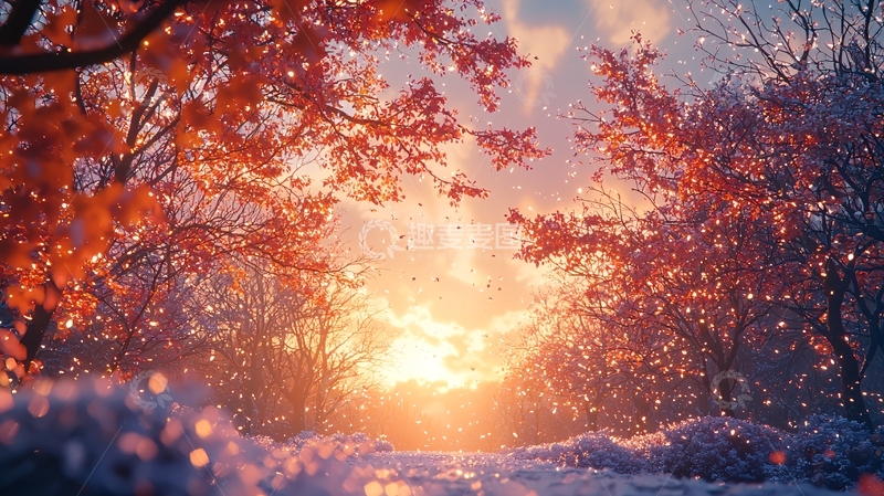 高清大图下载【趣麦麦图】冬日暖阳下的红叶森林