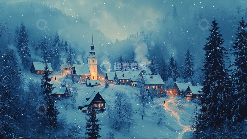 高清大图下载【趣麦麦图】雪夜山村