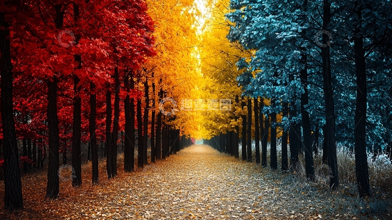 高清大图下载【趣麦麦图】红黄蓝三色树林小路