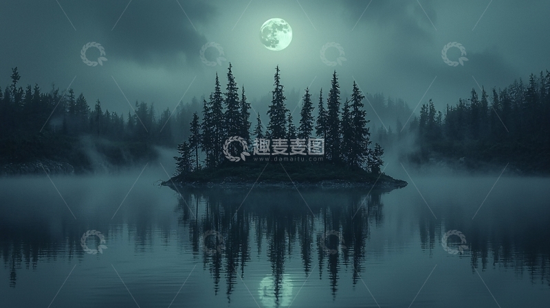 高清大图下载【趣麦麦图】月夜森林湖泊倒影