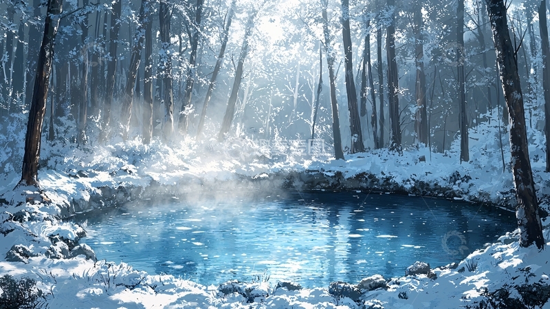 高清大图下载【趣麦麦图】冰雪覆盖的森林水潭