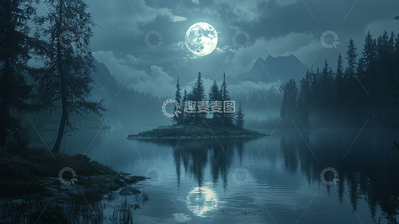 高清大图下载【趣麦麦图】月夜湖中小岛