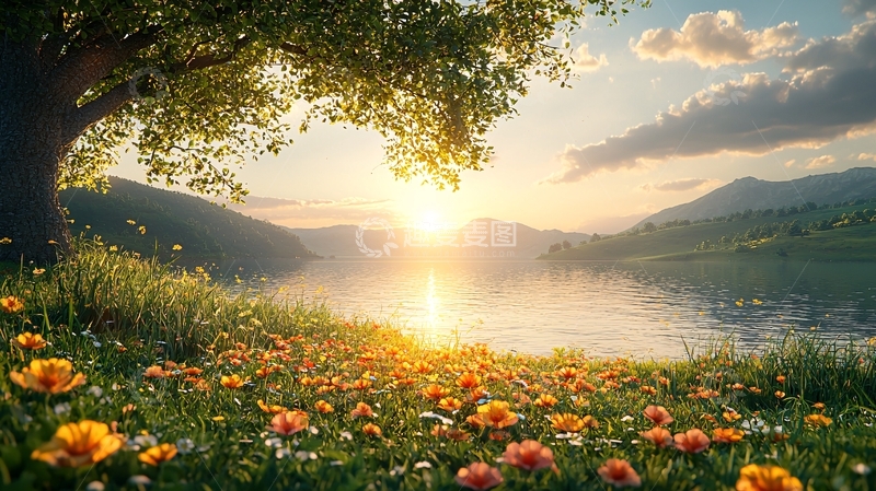 高清大图下载【趣麦麦图】清晨湖边鲜花盛开