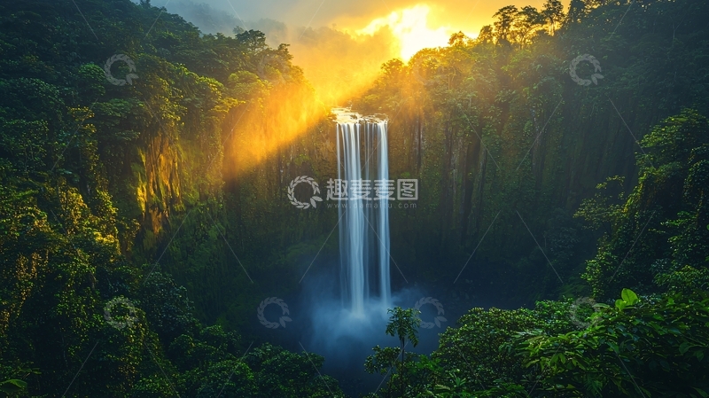 高清大图下载【趣麦麦图】日出丛林瀑布
