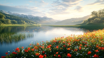 清晨湖边鲜花盛开