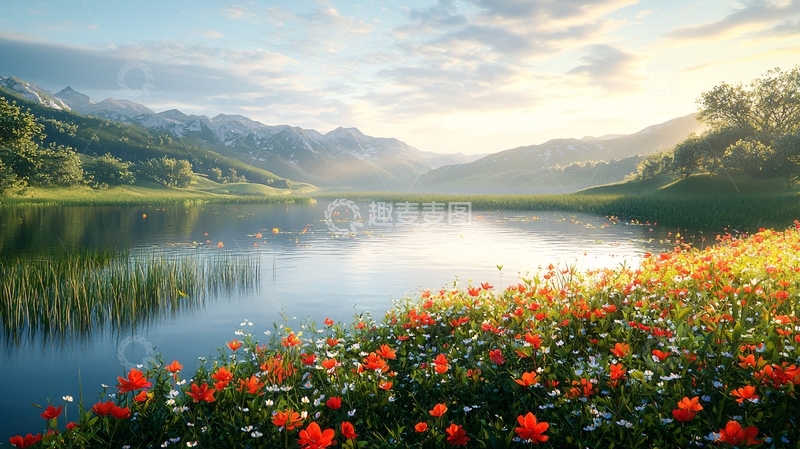 高清大图下载【趣麦麦图】清晨湖边鲜花盛开