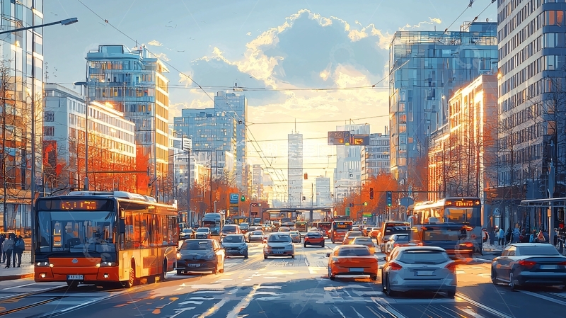 高清大图下载【趣麦麦图】夕阳下的城市街道