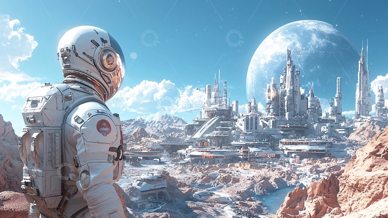 高清大图下载【趣麦麦图】宇航员眺望未来都市