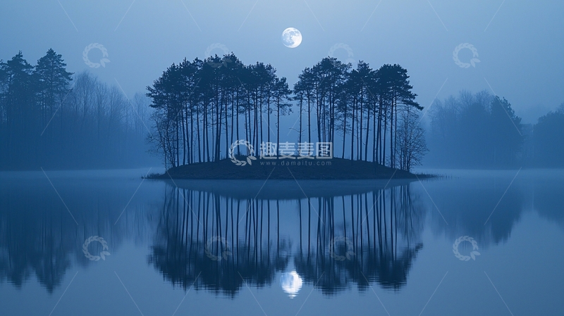 高清大图下载【趣麦麦图】月夜湖中树影岛