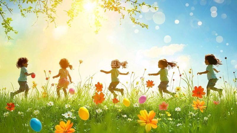 高清大图下载【趣麦麦图】孩子们在春天田野里玩耍