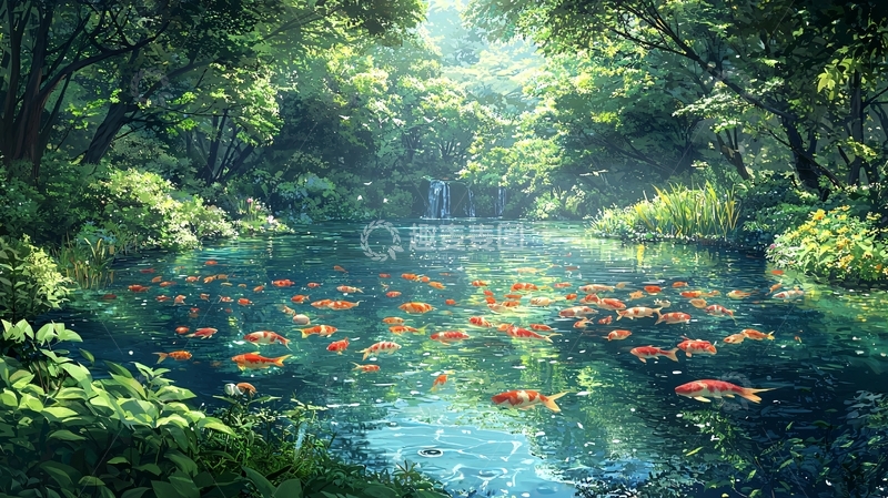 高清大图下载【趣麦麦图】森林溪流中游动的锦鲤