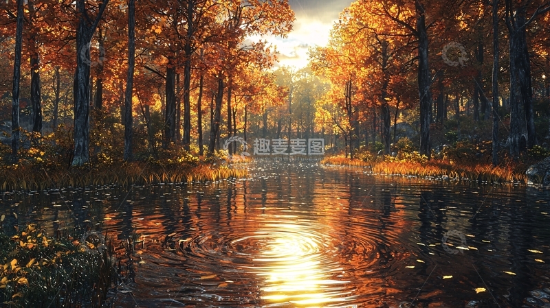 高清大图下载【趣麦麦图】秋日森林河流倒影