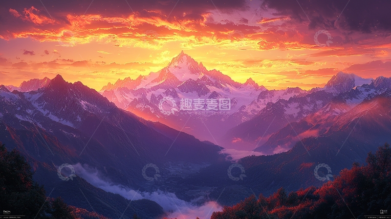 高清大图下载【趣麦麦图】日落雪山壮丽景色