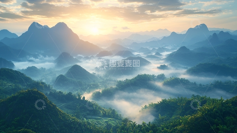 高清大图下载【趣麦麦图】日出云海山峰景色