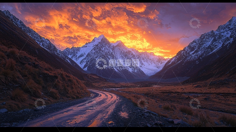 高清大图下载【趣麦麦图】雪山日落公路