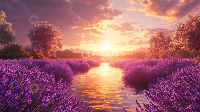 高清大图下载【趣麦麦图】薰衣草田夕阳美景