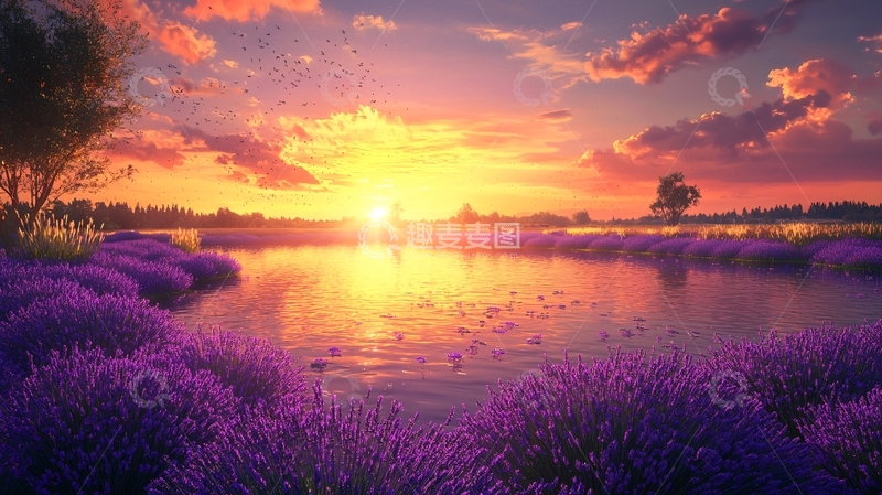 高清大图下载【趣麦麦图】日落湖边薰衣草田