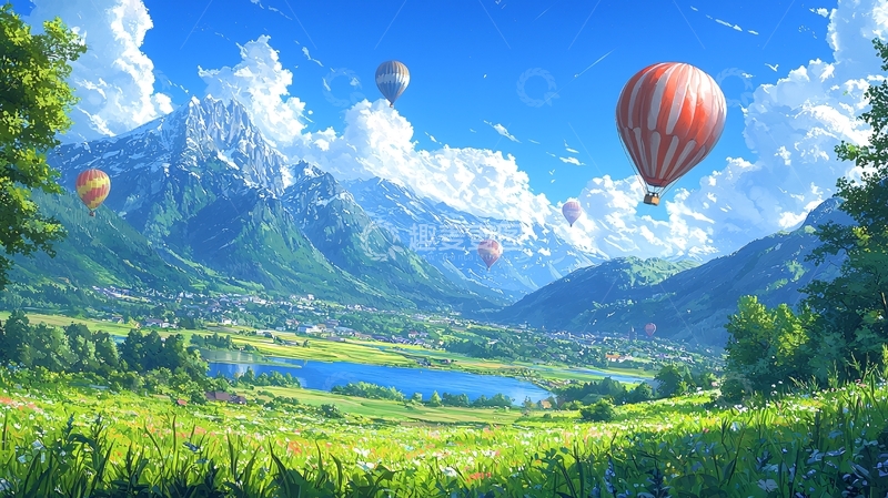 高清大图下载【趣麦麦图】热气球飞跃阿尔卑斯山