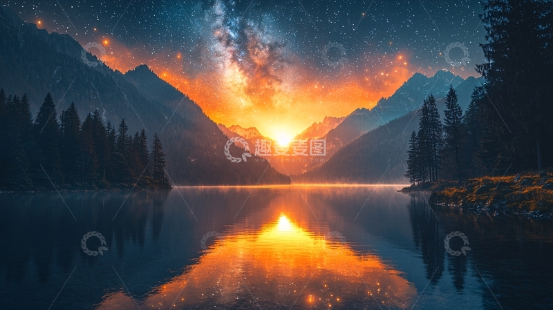 高清大图下载【趣麦麦图】山峰湖泊星空日出