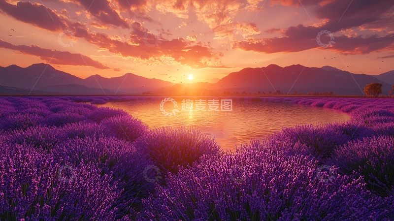高清大图下载【趣麦麦图】夕阳下的薰衣草田