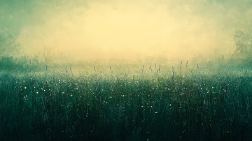 清晨薄雾笼罩的草地