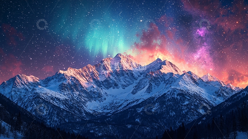 高清大图下载【趣麦麦图】极光山脉梦幻星空