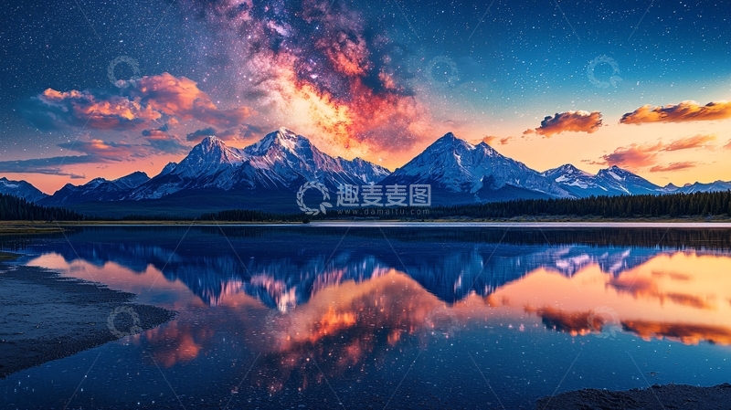 高清大图下载【趣麦麦图】雪山湖泊星空倒影