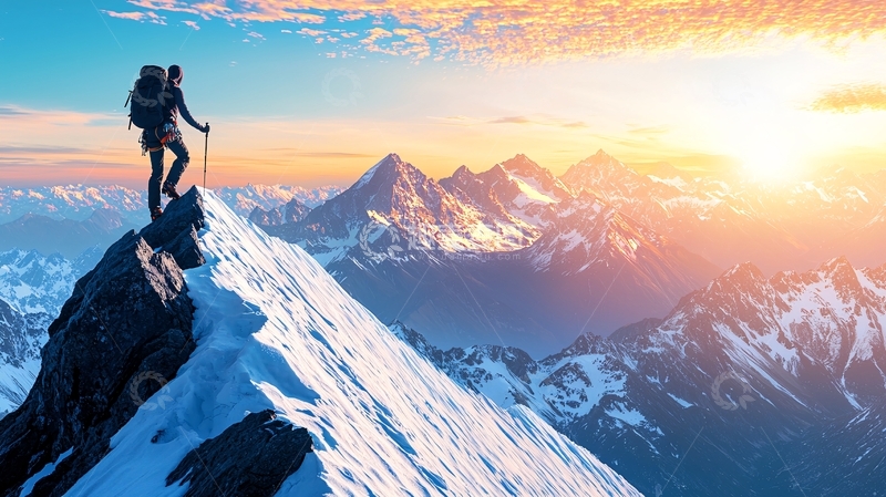 高清大图下载【趣麦麦图】登山者日出雪山峰顶