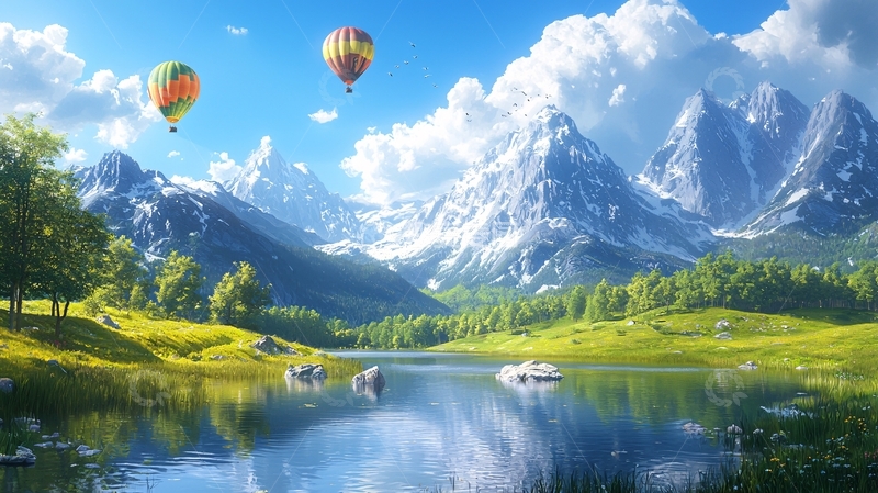 高清大图下载【趣麦麦图】热气球雪山湖泊风景