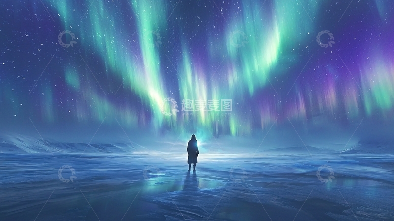 高清大图下载【趣麦麦图】极光下的孤独身影