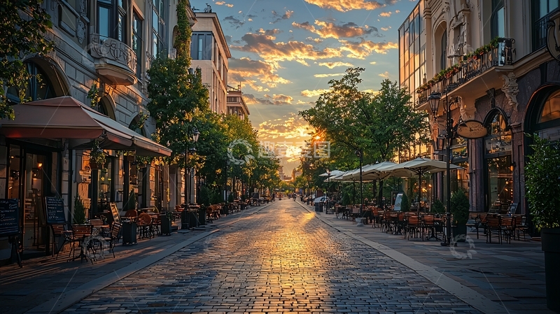高清大图下载【趣麦麦图】夕阳西下街道店铺景色