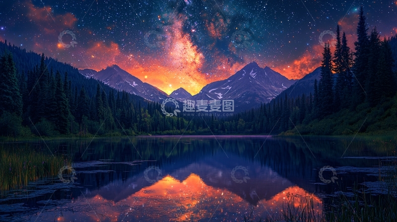 高清大图下载【趣麦麦图】星空下的山峰湖泊倒影