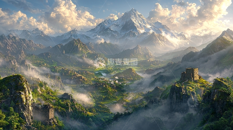高清大图下载【趣麦麦图】云雾缭绕的雪山山谷
