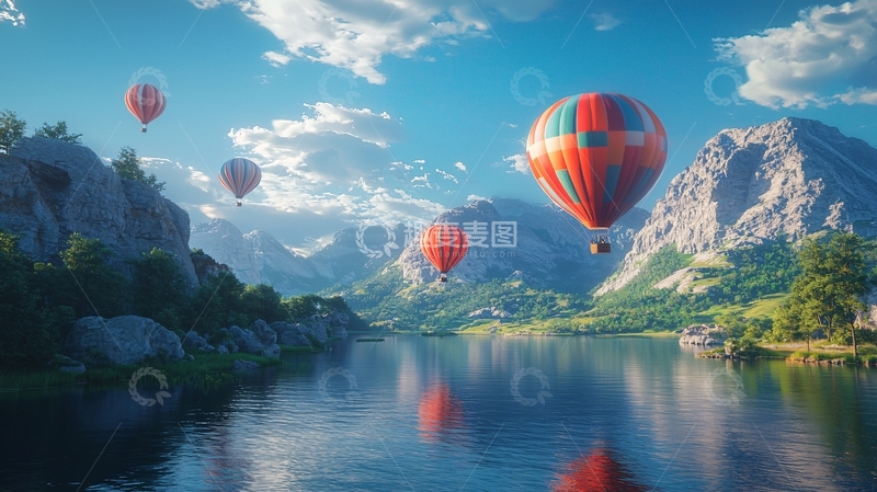 高清大图下载【趣麦麦图】热气球飞跃山峦湖泊