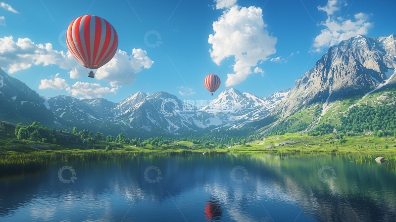 高清大图下载【趣麦麦图】热气球飞跃雪山湖泊
