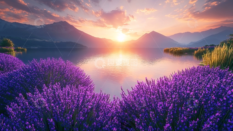 高清大图下载【趣麦麦图】日出湖光山色薰衣草