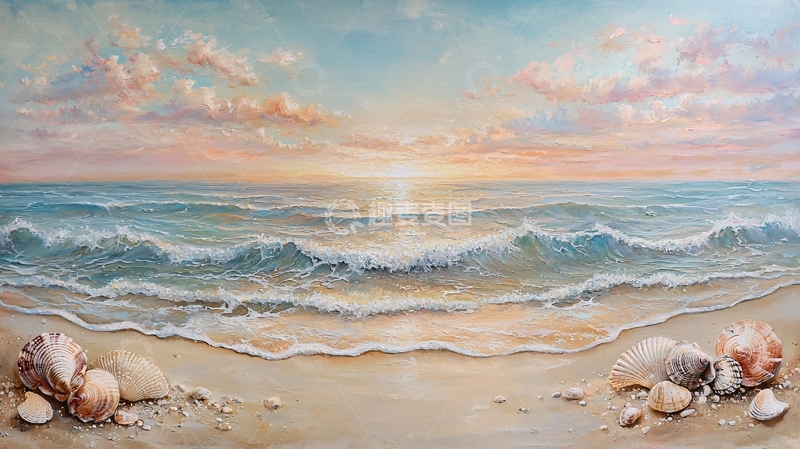高清大图下载【趣麦麦图】海边日落贝壳沙滩画