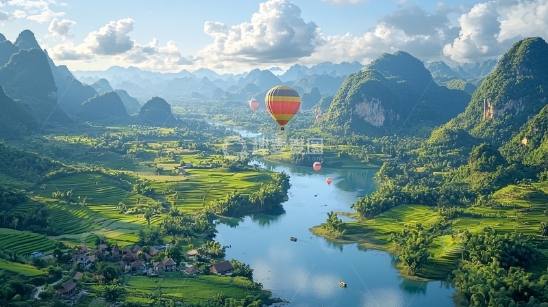 高清大图下载【趣麦麦图】热气球飞越山河田园