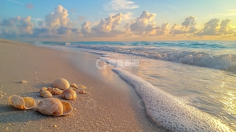 高清大图下载【趣麦麦图】海滩贝壳日出景色