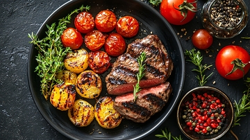 煎烤牛排配烤土豆和番茄