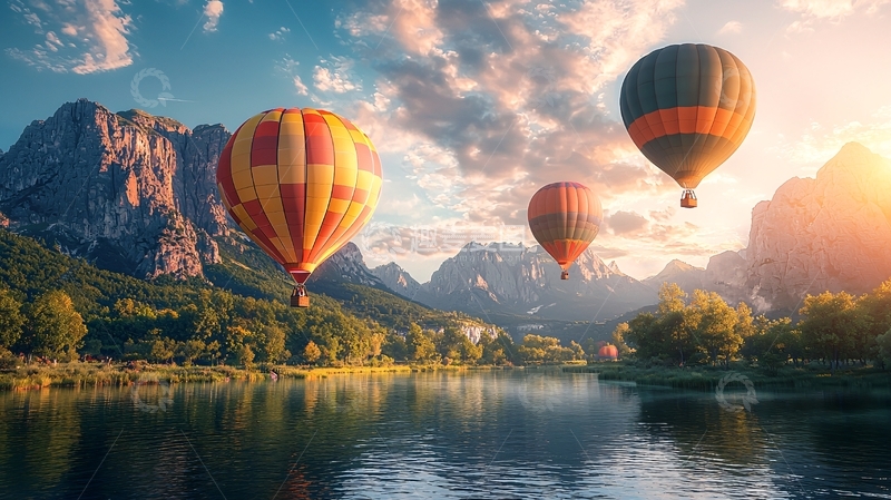 高清大图下载【趣麦麦图】热气球飞跃山峦湖泊