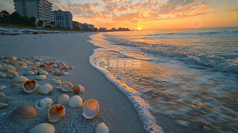 高清大图下载【趣麦麦图】海滩日出贝壳
