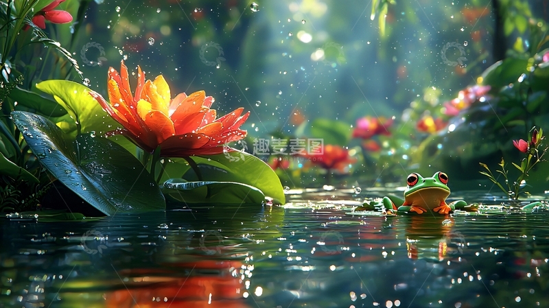 高清大图下载【趣麦麦图】雨中荷花青蛙