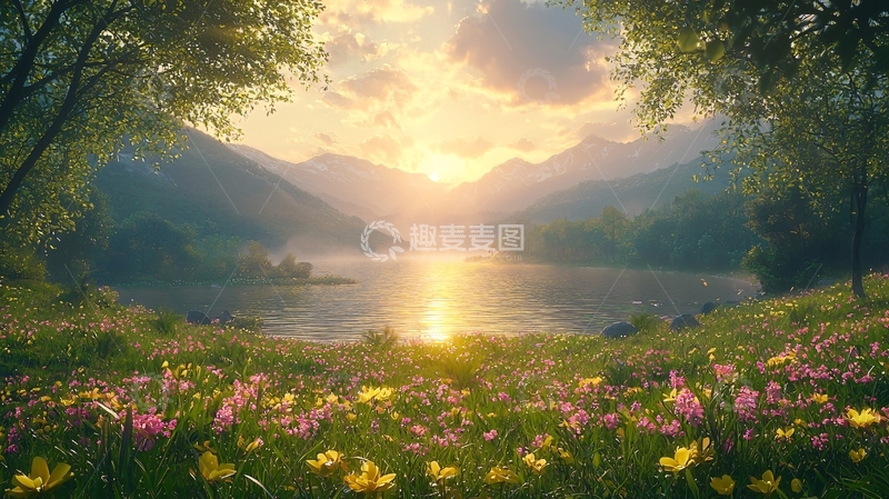 高清大图下载【趣麦麦图】清晨湖边花海日出